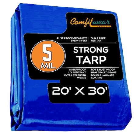 Comfitwear 5 MIL Standard Strong Multi-Purpose Tarp Cover Rust Proof Waterproof Reinforced Edges, Blue MT-2030